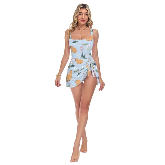 Womens Capybara Swimming Pattern Print 2-in-1 Swim Dress Detachable Skirt One-Piece Swimsuit Square Neck S-XXL