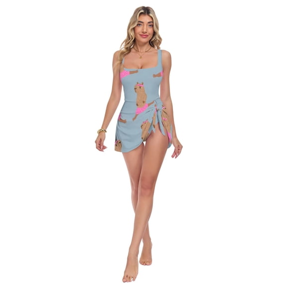Womens Capybaras Dancing Pattern Print 2-in-1 Swim Dress Detachable Skirt One-Piece Swimsuit Square Neck S-XXL