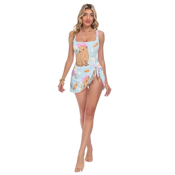 Womens Capybaras Pink Bows Pattern Print 2-in-1 Swim Dress Detachable Skirt One-Piece Swimsuit Square Neck S-XXL