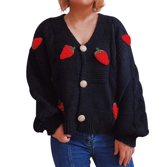 Womens Cardigan Breasted With Strawberry Embroidery Knitted Sweater Lightweight Outwear Coats