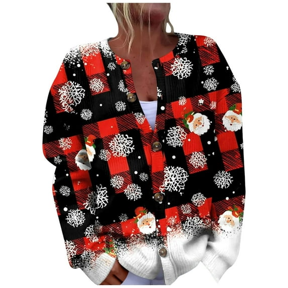 Womens Cardigan Christmas Plaid Santa Claus Snowflake Color Block Long Sleeve Button Knitted Sweater Plus Size Festival Knit Outwears