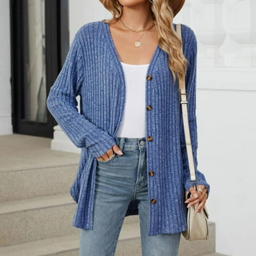 Womens Cardigan Clearance Basic Lightweight Cardigan Casual 2024 Solid Button Down Sweater Blue S