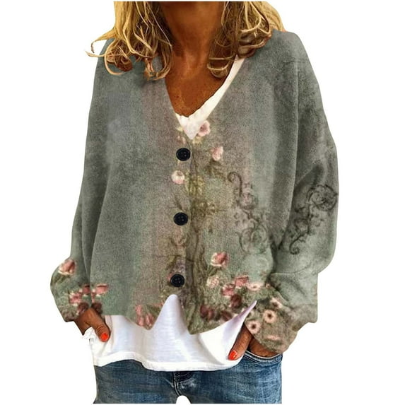 Womens Cardigan Coats Button Front Print Casual Stylish Outerwear