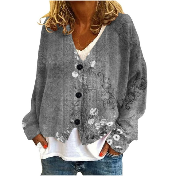 Womens Cardigan Coats Button Front Print Casual Stylish Outerwear