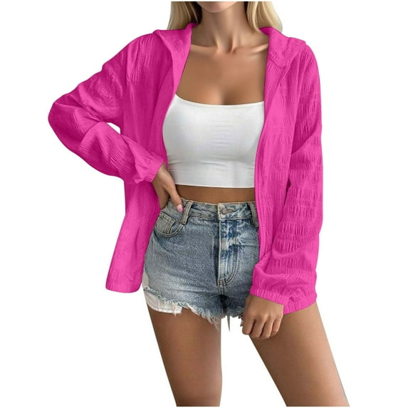 Womens Cardigan Cotton Linen Jacket Lightweight Loose Zip Up Hoodies Long Sleeve Sweatshirt Thin Hooded Tops Summer Outwear Womens Casual Zip Tops with Pockets 01-hot pink L