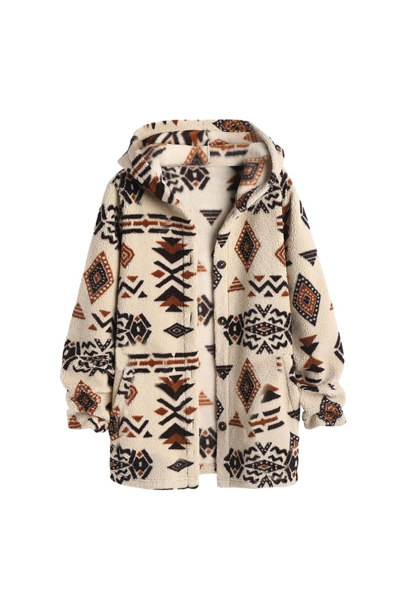 Womens Cardigan Ethnic Style Hooded With Pockets Long In Geo Aztec Printed Teddy Fabric Lightweight Cardigans