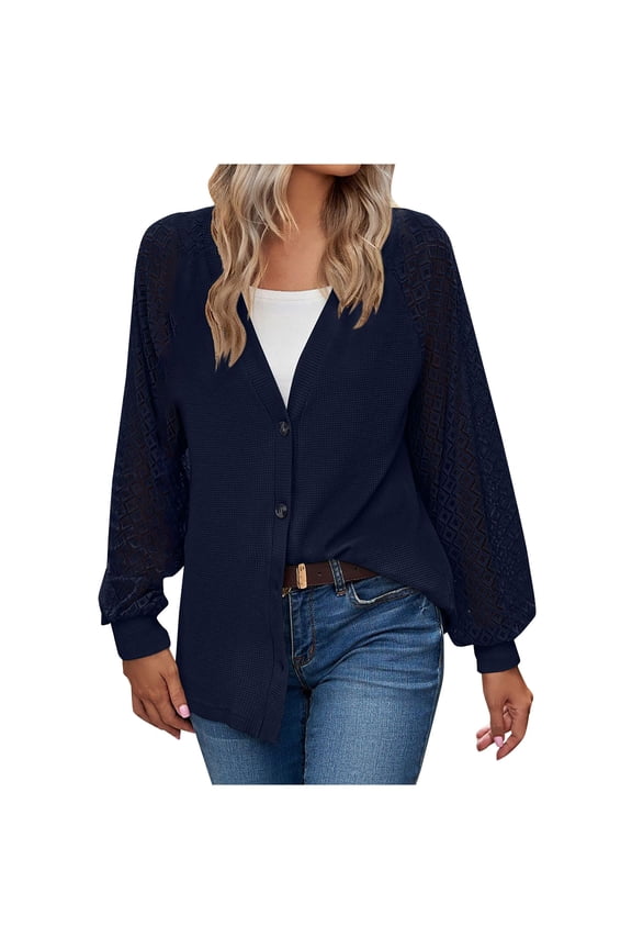 Womens Cardigan Eyelet See Through Long Sleeve Button down V Neck Cardigans for Women Loose Fitting Solid Outwear (Large, Navy)
