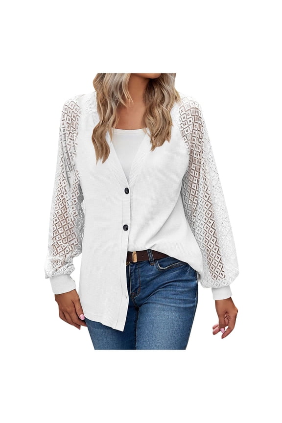 Womens Cardigan Eyelet See Through Long Sleeve Button down V Neck Cardigans for Women Loose Fitting Solid Outwear (Small, White)