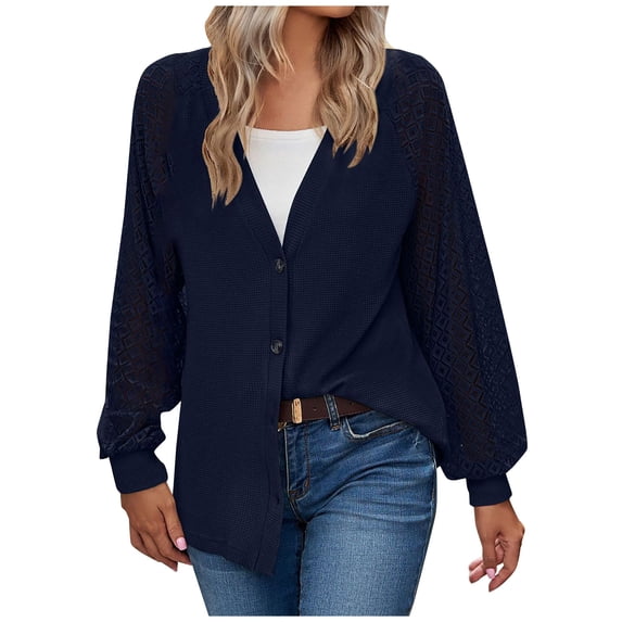 Womens Cardigan Eyelet See Through Long Sleeve Button down V Neck Cardigans for Women Loose Fitting Solid Outwear (X-Large, Navy)