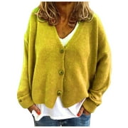 Womens Cardigan Fashion Solid V-Neck Buttons Casual Stretchy Knitted Sweater Cardigan Coat Yellow L