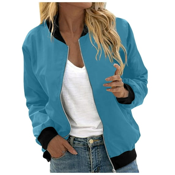 Womens Cardigan Full Zipper Up Solid Color Crew Neck Tops Casual Loose Long Sleeve Coat Shrugs for Women Blue L
