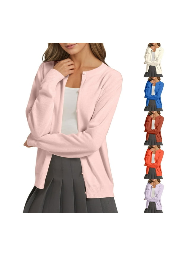 Womens Cardigan Lightweight Button Down Solid Color Long Sleeve Knit Sweater Coat Crew Neck Open Front Casual Loose Fit Thin Cover Up Work Sweaters for Women Beige L