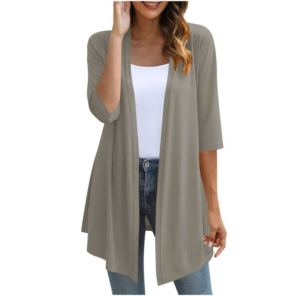 Womens Cardigan Lightweight Open Front 3/4 Length Sleeve Casual Dressy Cardigans Tops Soft Solid Color Outfits