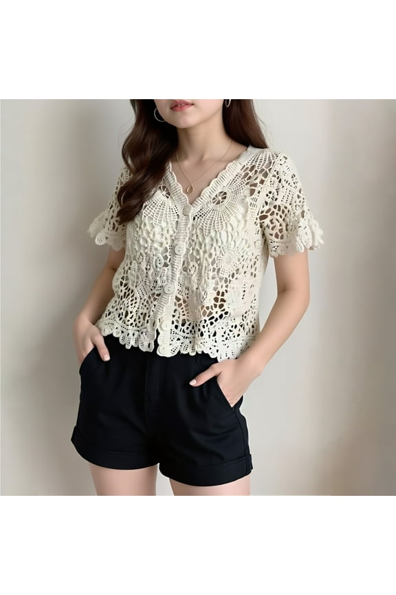 Womens Cardigan Lightweight Summer Lace Hollow Out Short Sleeve Knit Top Casual Button Down V Neck Open Front Cover Up Women's Sweaters Beige One Size