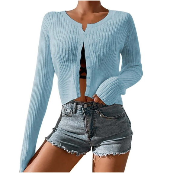 Womens Cardigan Long Sleeve Lightweight Cardigans Button Down V Neck Ribbed Knit Outerwear Open Front Tops for Ladies Blue M