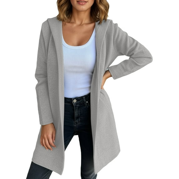 Womens Cardigan Long Sleeve Solid Color Hooded Knit Cardigan Outerwear Loose Fit Open Front Cozy Casual Lightweight Work Sweaters for Women