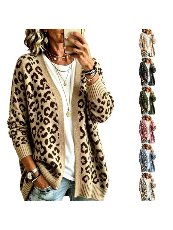 Womens Cardigan Open Front Long Sleeve Knit Winter Cardigans Leopard Print Lightweight Fall Work Travel Sweaters Coffee M