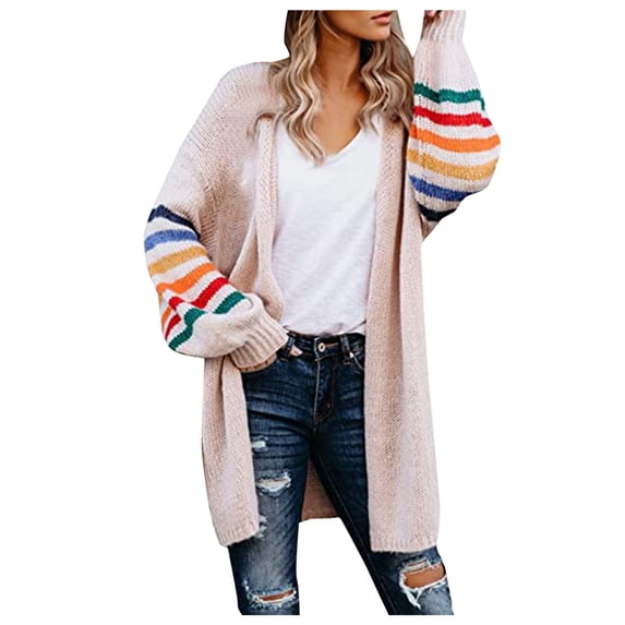 Womens Cardigan Over Warm Rainbow Stripe Print Long Sleeve Open Front Fashion Outwear Sweater Tops Outfits Clothes