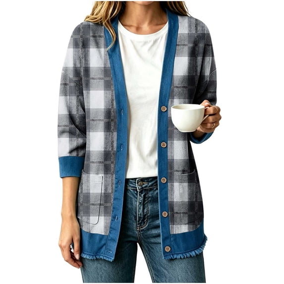 Womens Cardigan Plaid Color Block Cardigan Button Down Knit Sweater with Pockets Loose Casual Long Sleeve Tops