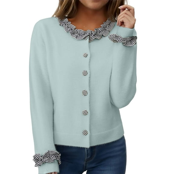 Womens Cardigan Plaid PatchKnit With Ruffle Collar Elegant Casual Sweater For Daily Outing Light Weight Cardigan