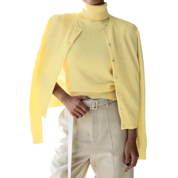 Womens Cardigan Sets 2 Piece Long Sleeve Shrug Top Cropped Cardigan Jackets with Vest Yellow Set S