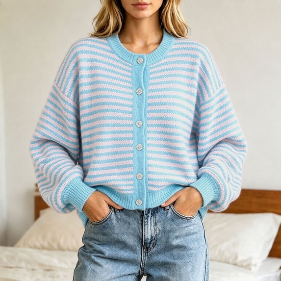 Womens Cardigan Striped Button Down Crew Neck Long Sleeve Sweater Casual Fall Tops for Women Blue M