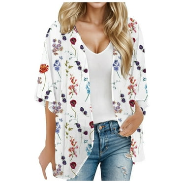 Womens Cardigan Summer Floral Printed Puff Sleeve Chiffon Kimono Loose Cover Up Casual Blouse Tops Cardigan Sweaters for Women