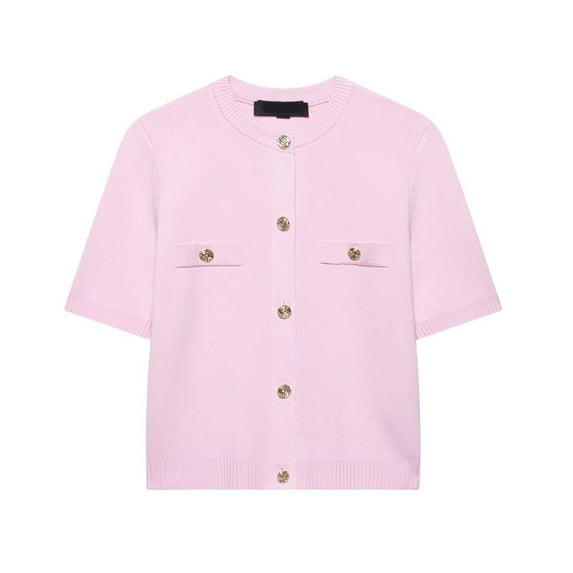 Womens Cardigan Summer Short Sleeve Lightweight Casual Knit Sweater Pullover with Front Pockets Crew Neck Button Down Solid Color Pink L