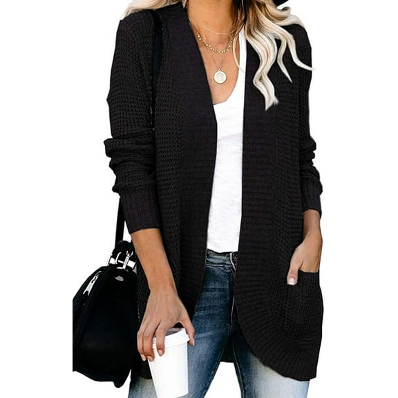 Womens Cardigan Sweater Coat Long Sleeve Open Front Knitted Outwear with Pockets