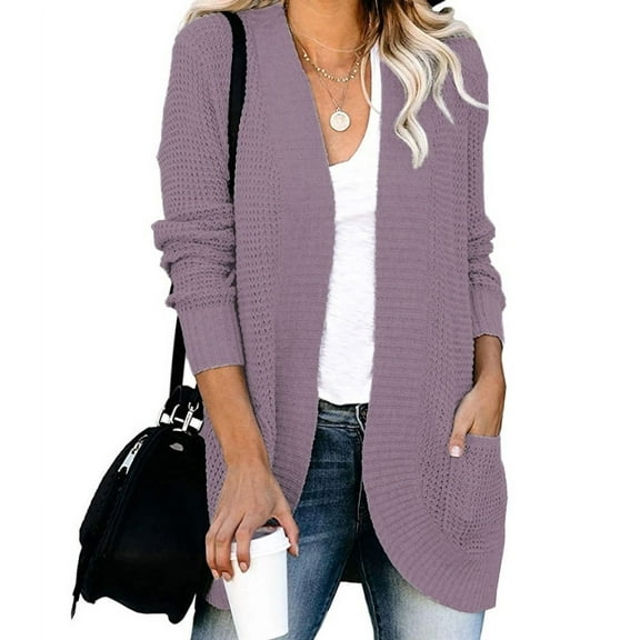 Womens Cardigan Sweater Coat Long Sleeve Open Front Knitted Outwear with Pockets