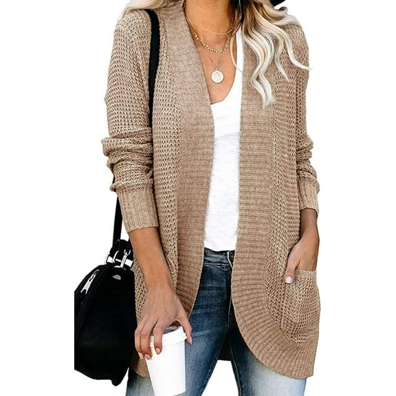 Womens Cardigan Sweater Coat Long Sleeve Open Front Knitted Outwear with Pockets