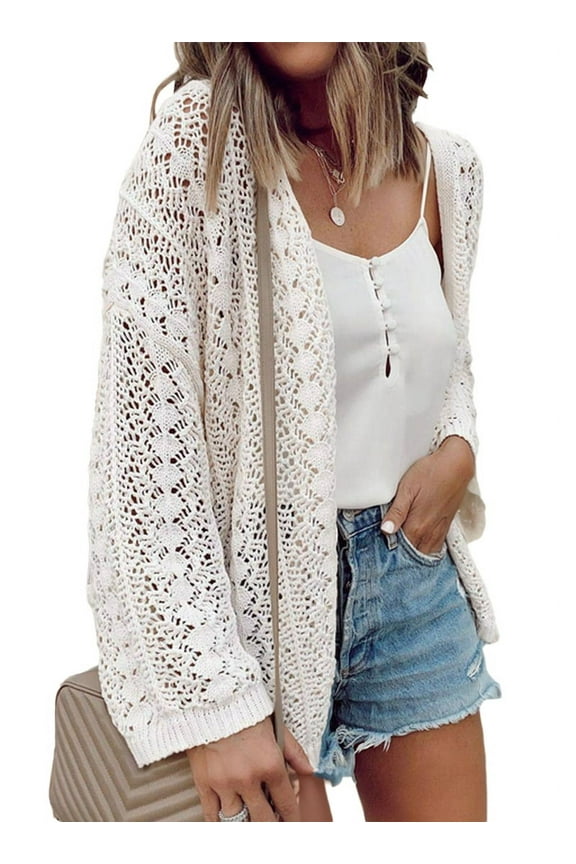 Womens Cardigan Sweater Stylish Hollow Out Knit Drop Shoulder Cardigan Solid Casual Casual Sweater Creamy White M