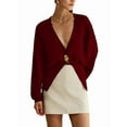 thumbnail image 1 of Womens Cardigan Sweater Deep V Neck Long Sleeve Button Crochet Knit Short Fall Sweaters Trendy Wine Red L, 1 of 10