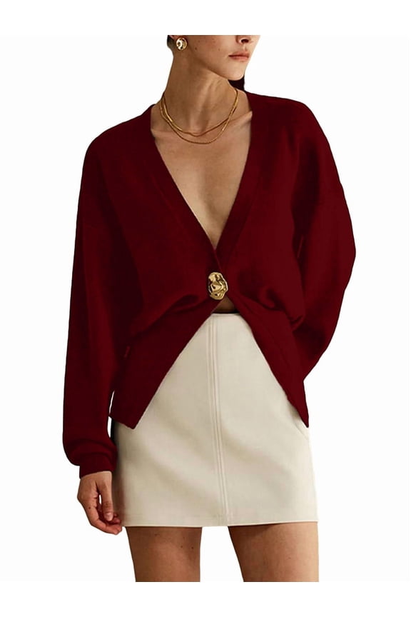Womens Cardigan Sweater Deep V Neck Long Sleeve Button Crochet Knit Short Fall Sweaters Trendy Wine Red S
