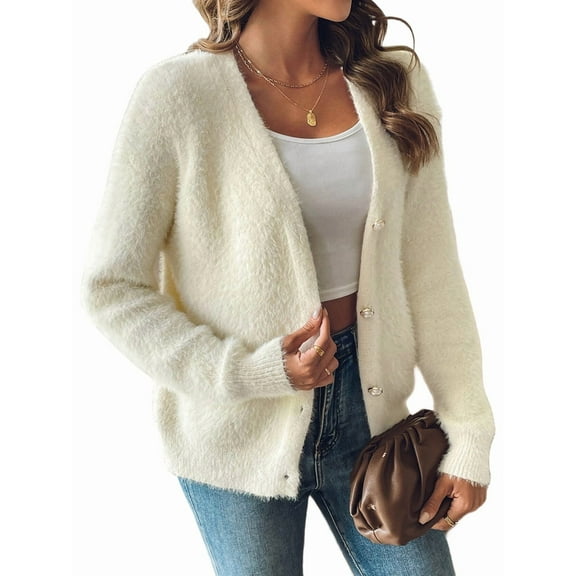 Womens Cardigan Sweater Fall Winter Fuzzy Button Up Long Sleeve V Neck Soft Chunky Knit Cardigan M
