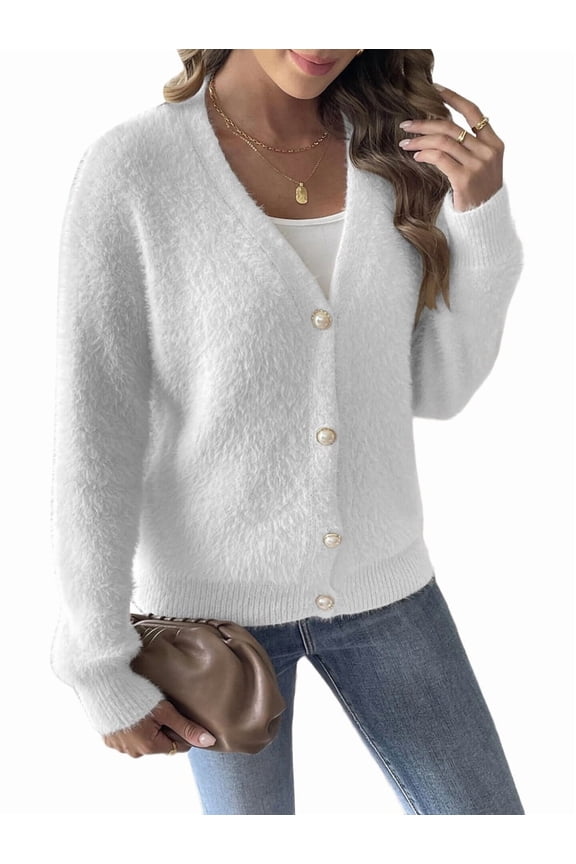 Womens Cardigan Sweater Fall Winter Fuzzy Button Up Long Sleeve V Neck Soft Chunky Knit Cardigan White L