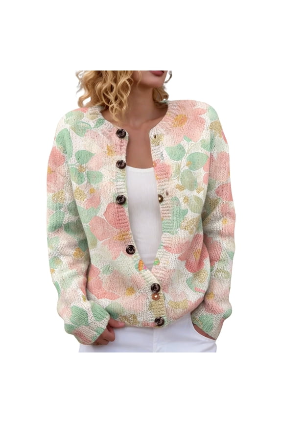 Womens Cardigan Sweater Floral Print Button Down Long Sleeve Open Front Knit Lightweight Light Pink L