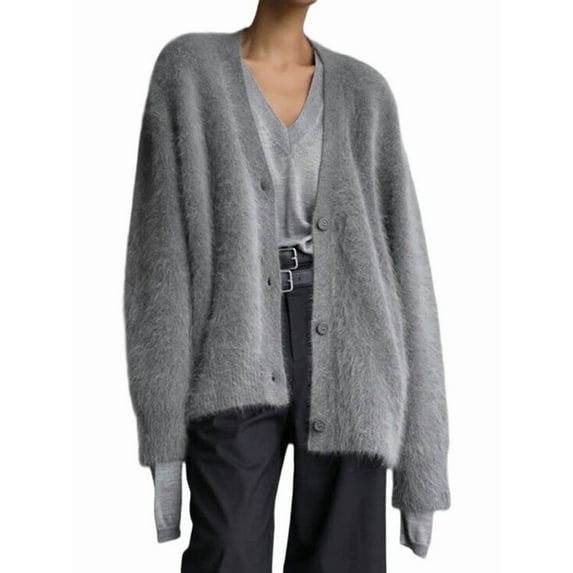 Womens Cardigan Sweater Long Sleeve Cardigan Button Down V Neck Knit Top Fashion Knitwear Dark Gray L