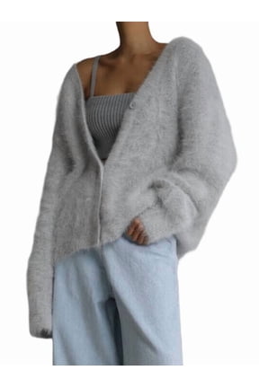 Womens Cardigan Sweater Long Sleeve Cardigan Button Down V Neck Knit Top Fashion Knitwear Light Gray S