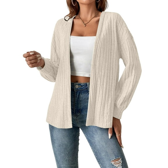 Womens Cardigan Sweater Long Sleeve Lightweights Open Front Curved Hem Ribbed Knit Cardigan Coat Apricot XL
