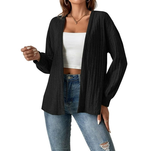 Womens Cardigan Sweater Long Sleeve Lightweights Open Front Curved Hem Ribbed Knit Cardigan Coat Black S