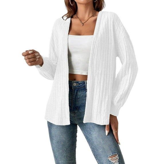 Womens Cardigan Sweater Long Sleeve Lightweights Open Front Curved Hem Ribbed Knit Cardigan Coat White L