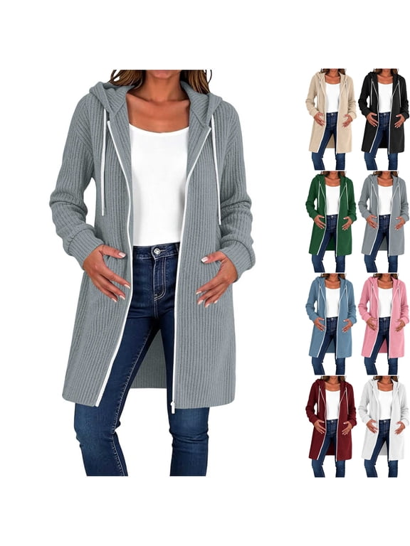 Womens Cardigan Sweater Ribbed Knit Long Sleeve Full Zip Up Sweatshirt Jacket Hooded Duster Coatigan with Drawstring for Fall Lounge Outfits, Gray, XXL