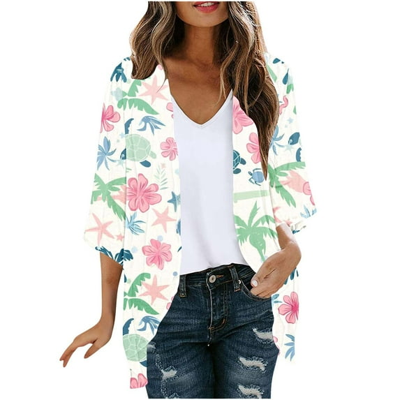 Womens Cardigan Sweaters Baggy Retro Tunics Blouses Striped Printed Tee Shirts 3/4 Sleeve Tops Loose Relaxed Fit Cardigan Shirts Plus Size Shirts Beach Holiday Blouse Clothes