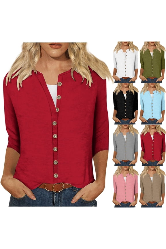 Womens Cardigan Sweaters Crew Neck 3/4 Sleeve Button Down Fall Blouses Open Front Solid Color Slim Fit Tunic Black L