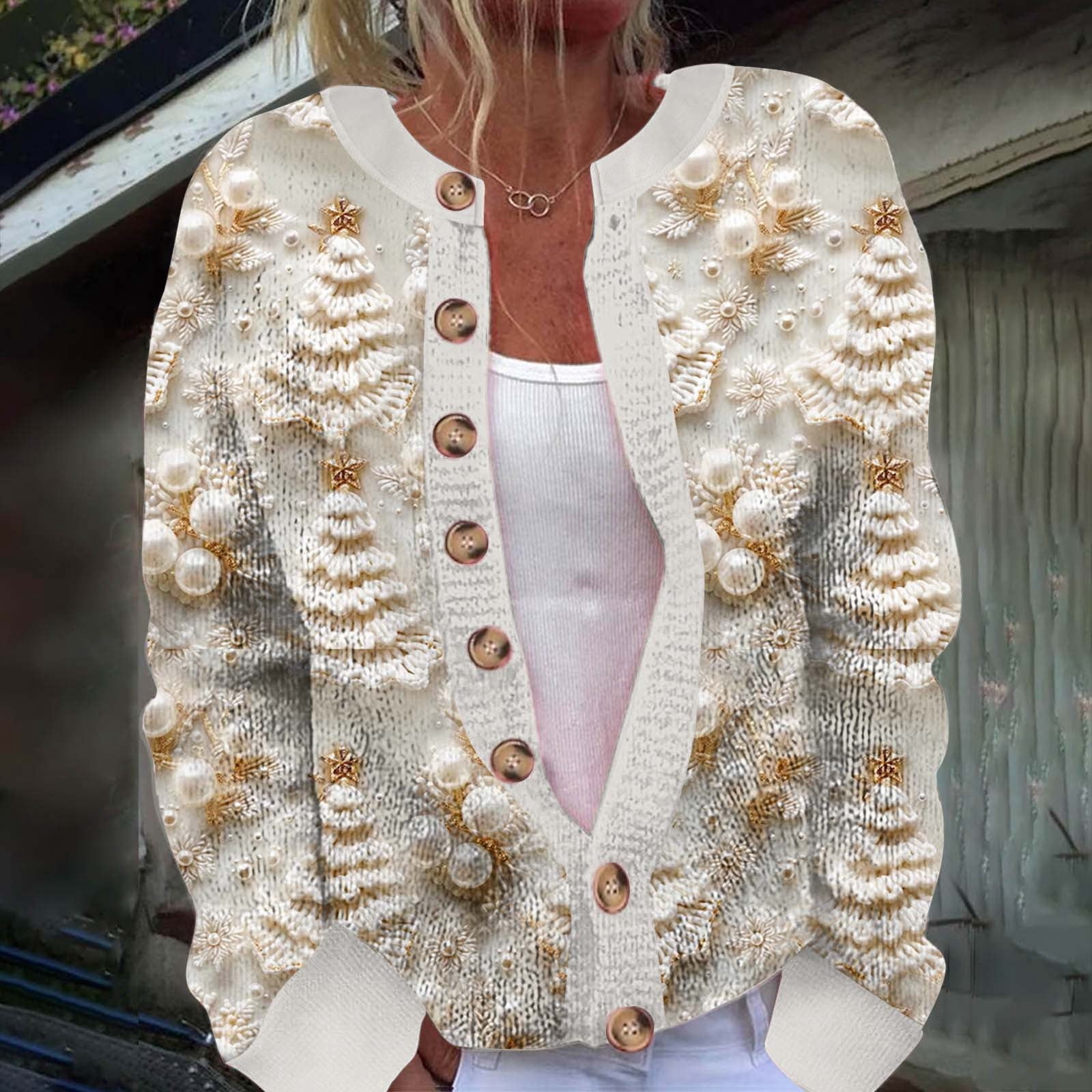 Womens Cardigan Sweaters Crew Neck Button Down Loose Long Sleeve Christmas Printed Jacket Casual Cozy 2025 Fall Winter Warm Trendy Womens Sweaters Beige L