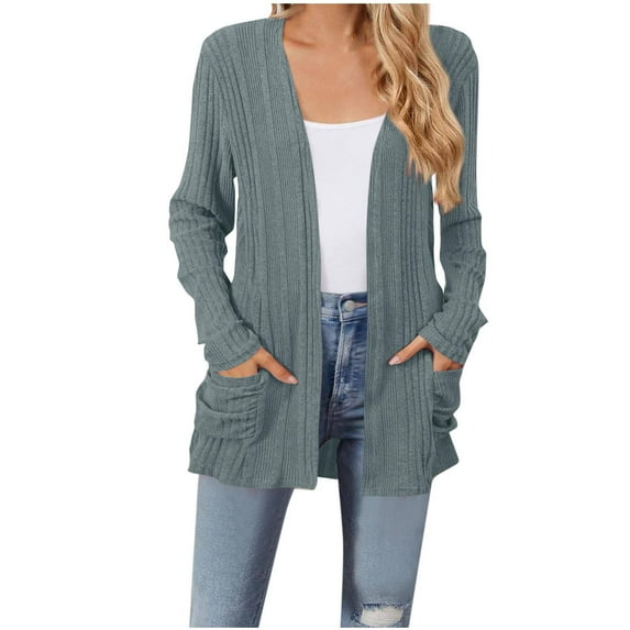 Womens Cardigan Sweaters, Fall Sweaters for Women Fashion Open Front Knitted Solid Color Long Sleeve Coats with Pockets S-2XL