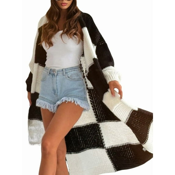 Womens Cardigan Sweaters Fall Winter Knitted Rainbow Color Block Striped Cozy Long Sleeve Open Front Pockets Black XL