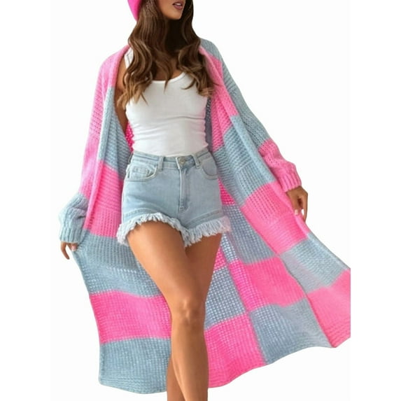 Womens Cardigan Sweaters Fall Winter Knitted Rainbow Color Block Striped Cozy Long Sleeve Open Front Pockets Pink L