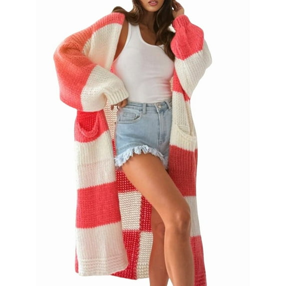 Womens Cardigan Sweaters Fall Winter Knitted Rainbow Color Block Striped Cozy Long Sleeve Open Front Pockets Red S